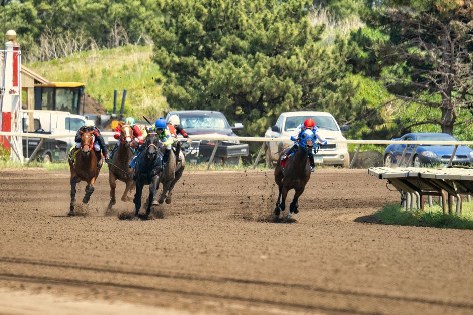 Dynamic horse race with jockeys competing fiercely on a sunny day in Shakopee, MN.